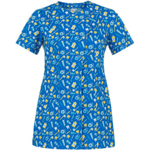 A blue tunic featuring an all-over pattern of yellow geometric shapes and icons. It has a logo on it.