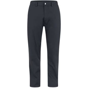 A pair of dark blue trousers with a straight leg design and a front zip. The pants feature a logo on the waistband.