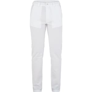 A pair of white pants with a tailored fit, featuring pockets and a button closure, along with a branding logo.
