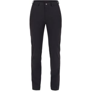 A pair of black pants featuring a button closure and a standard fit, with a logo on the waistband.