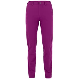 A pair of purple pants featuring a button closure and a snug fit, with a logo on the waistband.
