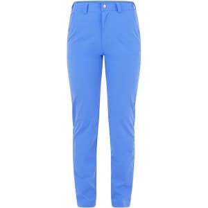 Blue lightweight trousers with a button and zip closure, featuring a logo on the waistband.