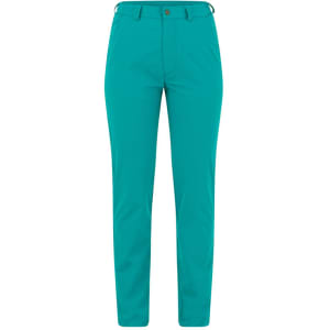 A pair of turquoise trousers with a slim fit and belt loops, featuring a front button closure and branding.