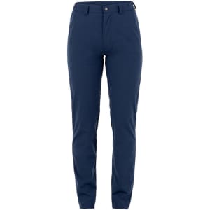 Navy blue trousers with a straight-cut design and a front button closure. The product features a logo on the waistband.