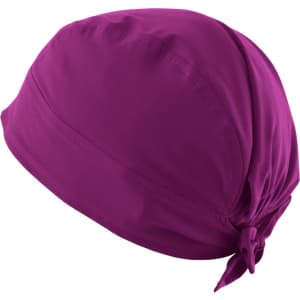 A purple bandana with a tied back design, featuring a smooth and breathable fabric. It has a branding logo.
