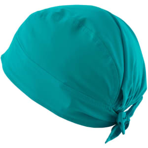 A turquoise bandana with a tied knot at the back, featuring a smooth, stretchy fabric.