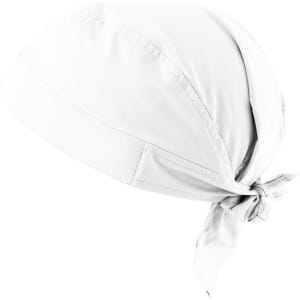 A white bandana with a tied back design, featuring a smooth fabric and a branding logo.
