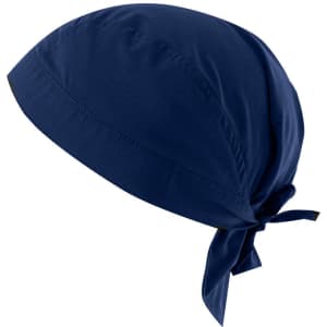 A navy blue bandana with a tied back design and a smooth, lightweight fabric. Features a branding logo.