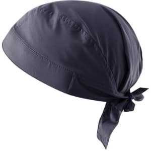 A dark blue bandana with a tied back design, made from a smooth fabric. It features a logo on the side.