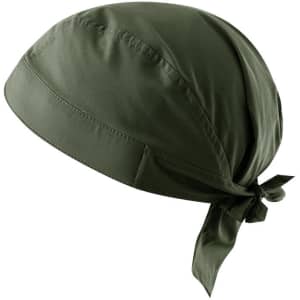An olive green bandana with a tie closure, made from smooth fabric and featuring a simple design.