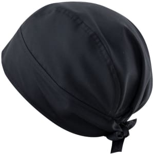 A black bandana featuring a tied back design and a smooth finish, with a logo displayed subtly.