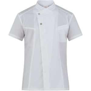 A white short-sleeved shirt with a mandarin collar and two buttons, featuring a chest pocket and minimalistic design.