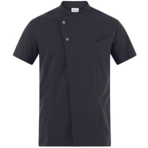 A short-sleeved jacket in black with a stand-up collar and two buttons, featuring a chest pocket and a logo.