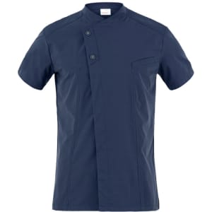 A short-sleeved navy blue jacket with a mandarin collar and button closure, featuring a chest pocket and branding.