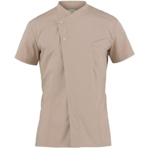 A beige short-sleeved jacket featuring a unique collar design and a front pocket, with a logo on the fabric.
