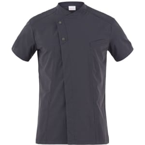 A grey short-sleeved jacket with a unique folded collar and two-button closure, featuring a chest pocket.