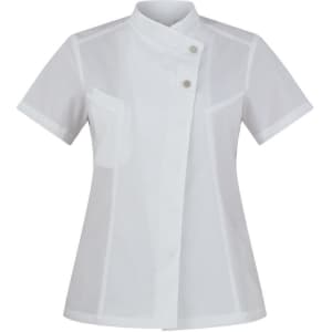 A short-sleeved white tunic with a mandarin collar and two chest pockets, featuring silver buttons and a sleek design.