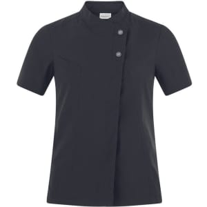 A short-sleeved black tunic with a high collar and two buttons, featuring a sleek design and no visible logos.