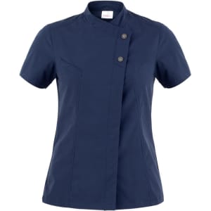 A navy blue tunic with short sleeves, a mandarin collar, and button details, featuring a logo.