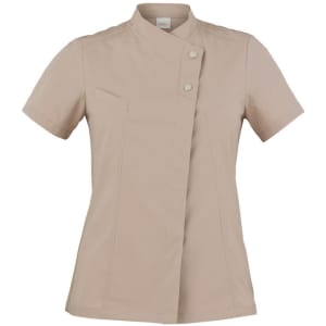 A short-sleeved, beige tunic featuring a mandarin collar and two buttons, with a subtle logo.