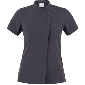 A short-sleeved, charcoal grey tunic with a buttoned front and two pockets. Features a branding logo.