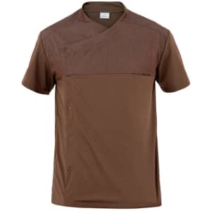 A brown tunic featuring a textured top panel and buttons on the side, with a small logo on the chest.