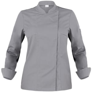 A grey chef jacket with a mandarin collar and rolled cuffs, featuring a logo on the sleeve.