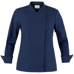 A navy blue jacket with long sleeves and a Mandarin collar, featuring a logo on the chest area.