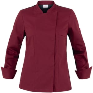 A maroon chef's jacket with a stand-up collar and long sleeves, featuring a logo on the sleeve.