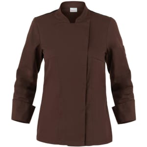 A brown jacket with a modern cut, featuring a stand-up collar and long sleeves, with a logo on the sleeve.