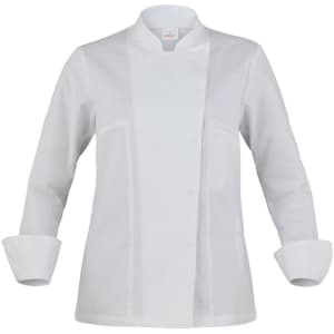 A white chef jacket featuring long sleeves and a tailored front design, complete with a logo on the chest.