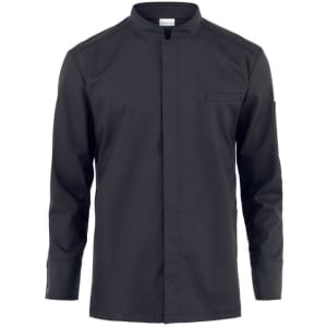 A long-sleeved black jacket with a mandarin collar and a chest pocket, featuring a logo on the sleeve.