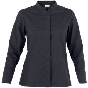 A black jacket with a high collar and long sleeves, featuring a chest pocket and a sleek design.