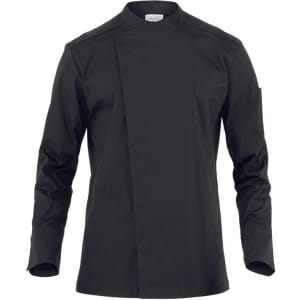 A black chef jacket with a mandarin collar and long sleeves, featuring a small pocket on the left side.