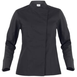 A black chef's jacket with a mandarin collar and long sleeves, featuring a front closure and a pocket.