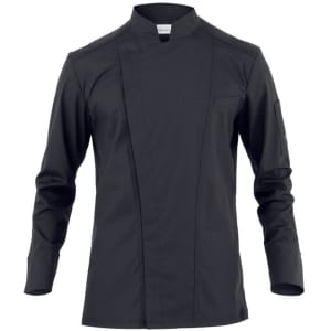 A black chef jacket with long sleeves and a mandarin collar. It features a chest pocket and has a logo on the sleeve.
