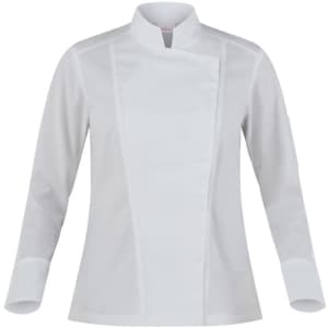 A white chef jacket with a high collar and long sleeves, featuring a simple design and a logo on the sleeve.