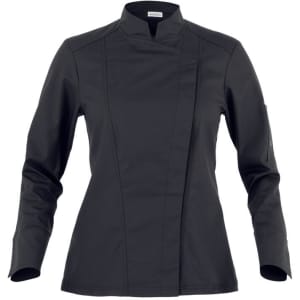 A black women's chef jacket featuring a modern design with a high collar and long sleeves. It has a logo on the sleeve.