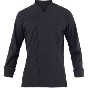 A black Giorgio jacket with long sleeves and a single pocket, featuring a stylish wrap design.