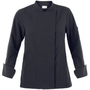 A black chef jacket with a high collar and long sleeves, featuring a logo on one sleeve.