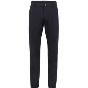 A pair of navy blue trousers with a slim fit and a button closure, featuring a logo on the waistband.