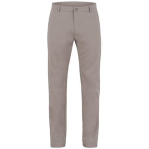 Grey trousers with a fitted design, featuring a waistband and front pockets. Includes a logo on the waistband.