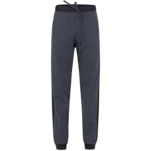 Striped navy pants with a comfortable waistband and ankle cuffs, featuring a logo.