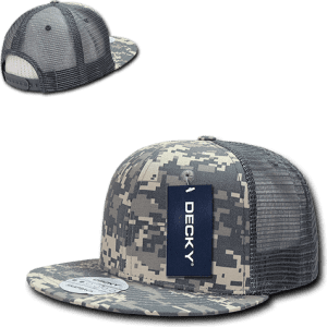 A high-profile structured trucker cap in a grey camouflage pattern with a mesh back and a logo tag.