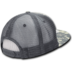 A high-profile structured trucker cap in grey with a camouflage pattern and a mesh back. Features an adjustable strap.