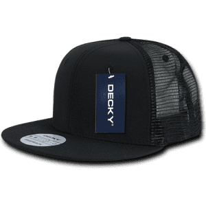 A black six-panel trucker cap with a mesh back and a tag, featuring a logo on the front.