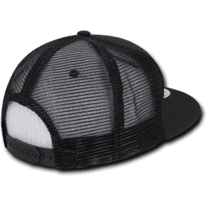 A black high-profile structured trucker cap featuring a mesh back and an adjustable strap. Includes a logo.