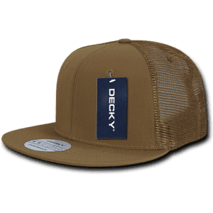 A brown high-profile structured trucker cap with a mesh back and a logo tag.