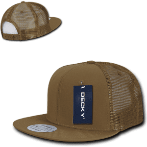 A high-profile structured trucker cap in brown with a mesh back and a logo on the front.