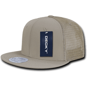 A structured beige trucker cap with a mesh back and a logo label on the front.